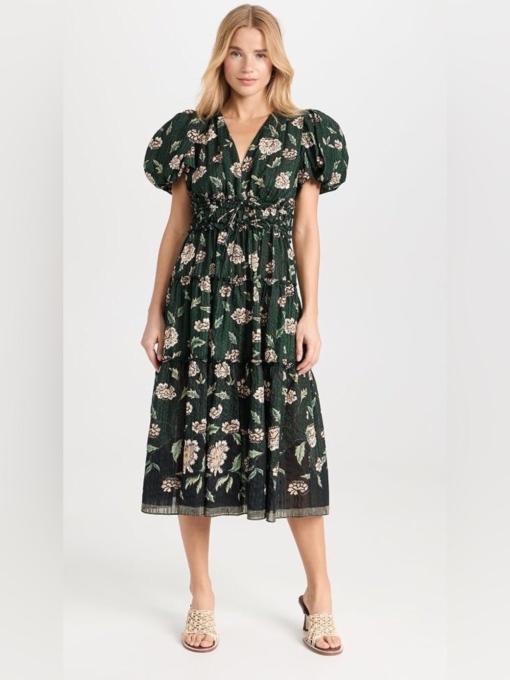 Ulla Johnson Green Floral Midi Dress with Puff Sleeves